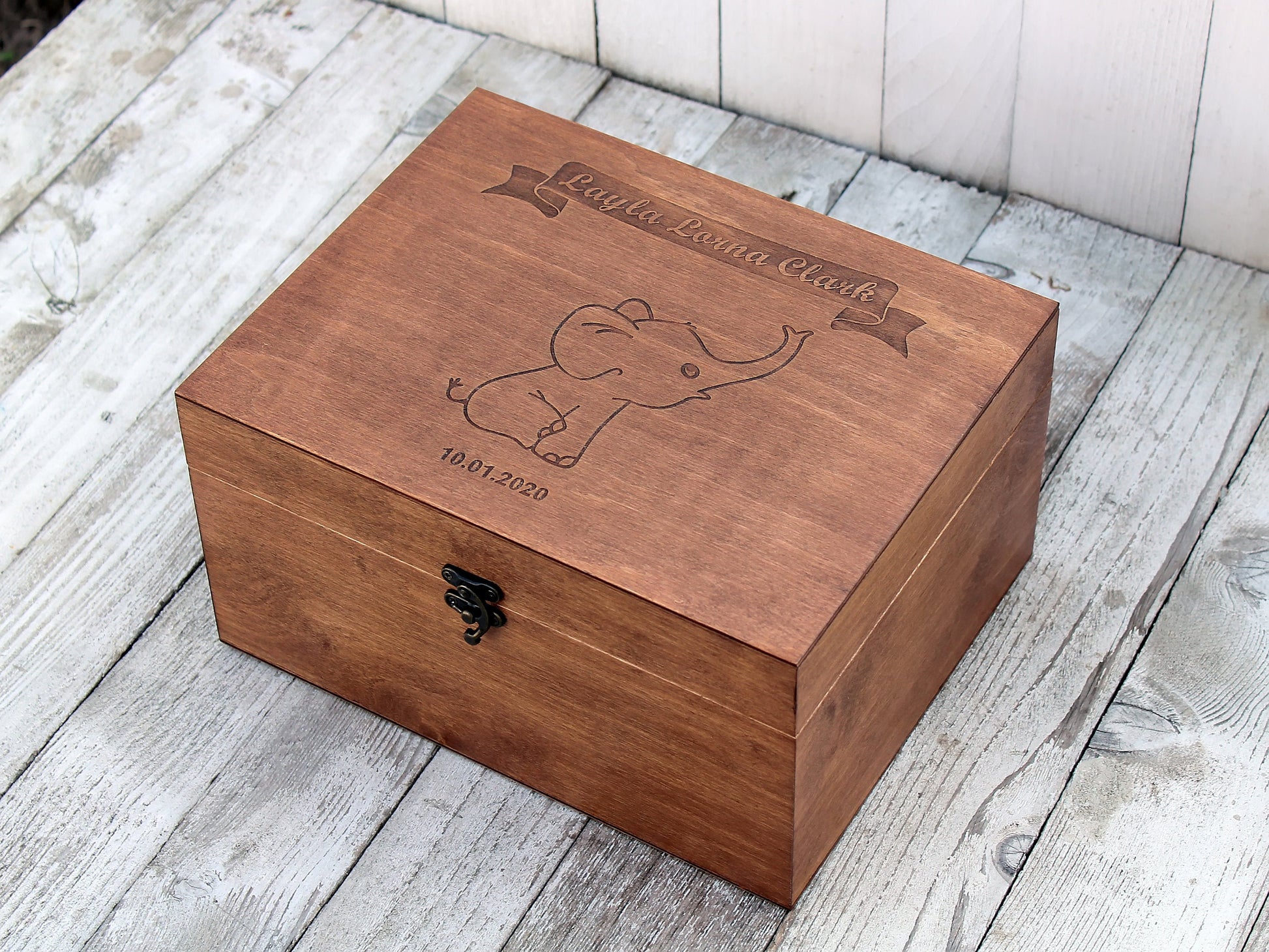 Personalized elephant keepsake box for storing baby's first memories