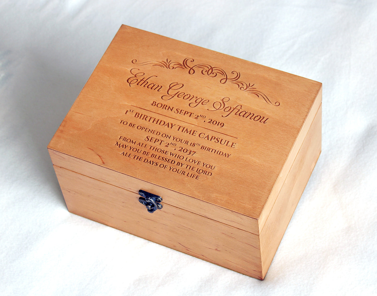 Personalized wooden first birthday time capsule box for baby keepsakes