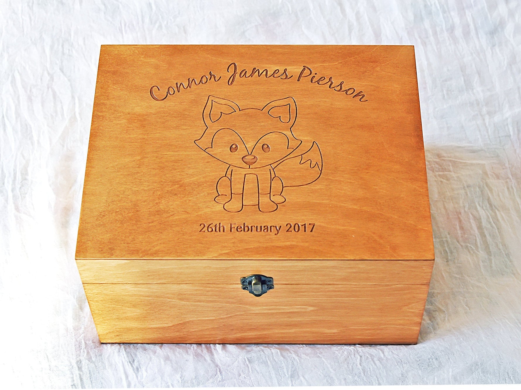 Personalized wooden memory box with baby fox engraving