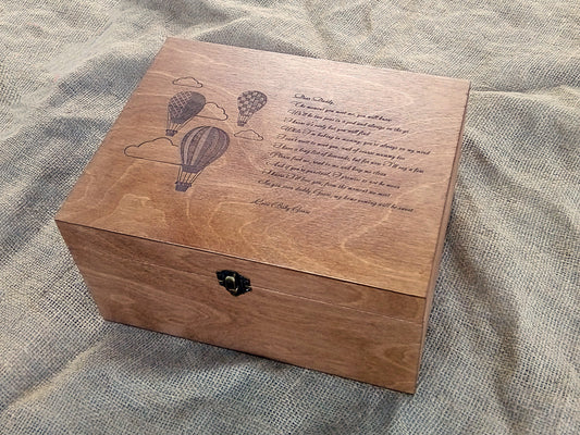 Personalized baby memory box with engraved hot air balloon design
