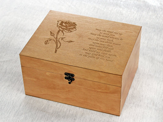 Personalized wooden keepsake box engraved with an Irish blessing