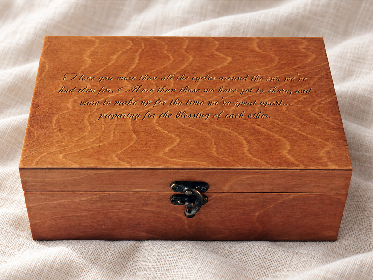 Personalized wooden jewelry box with custom romantic message