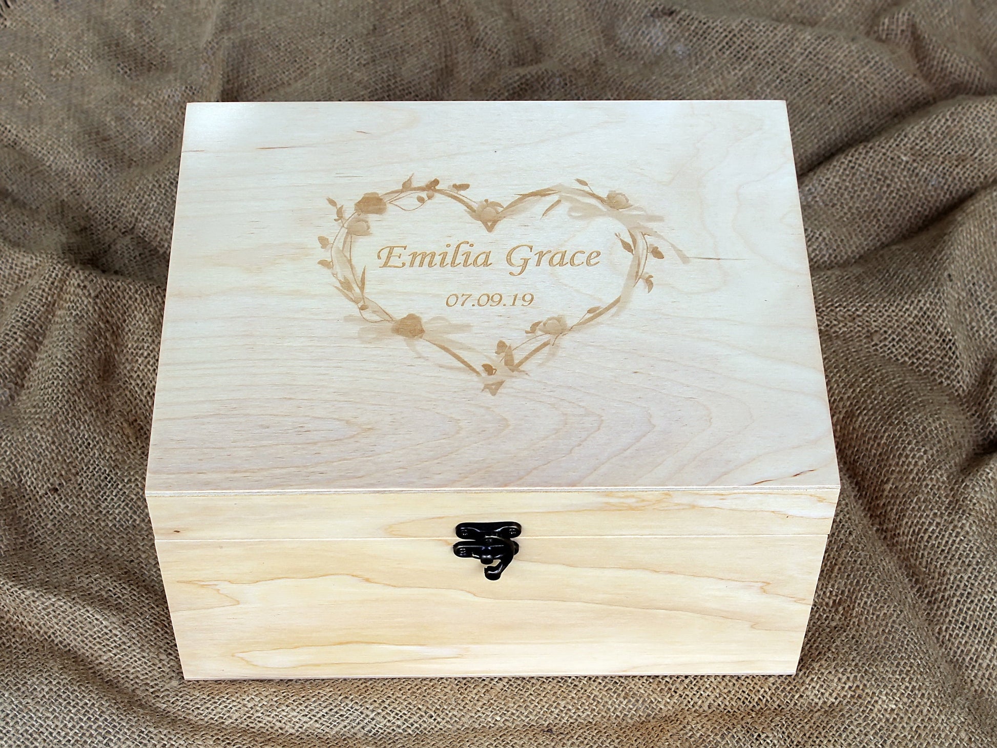 Custom engraved wooden keepsake box for storing special memories