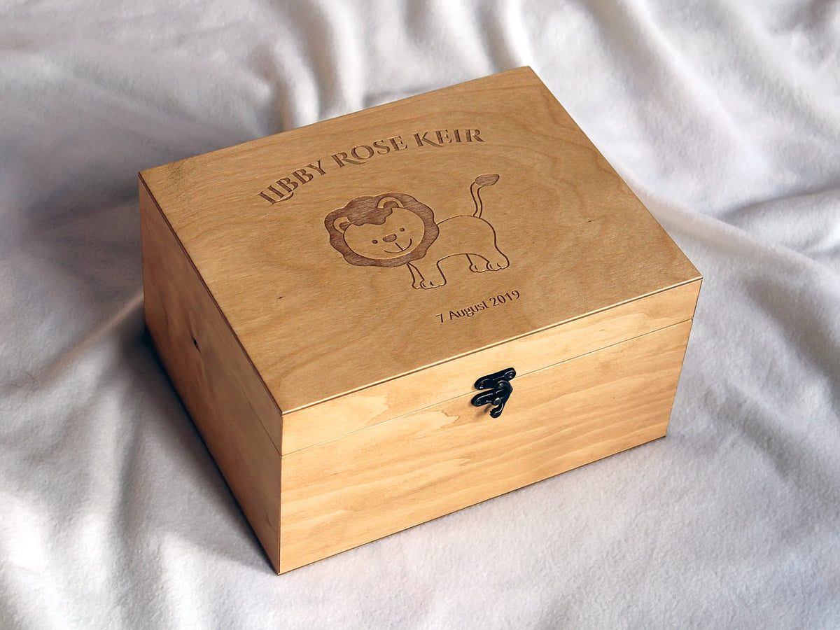 Personalized wooden baby memory box with lion design