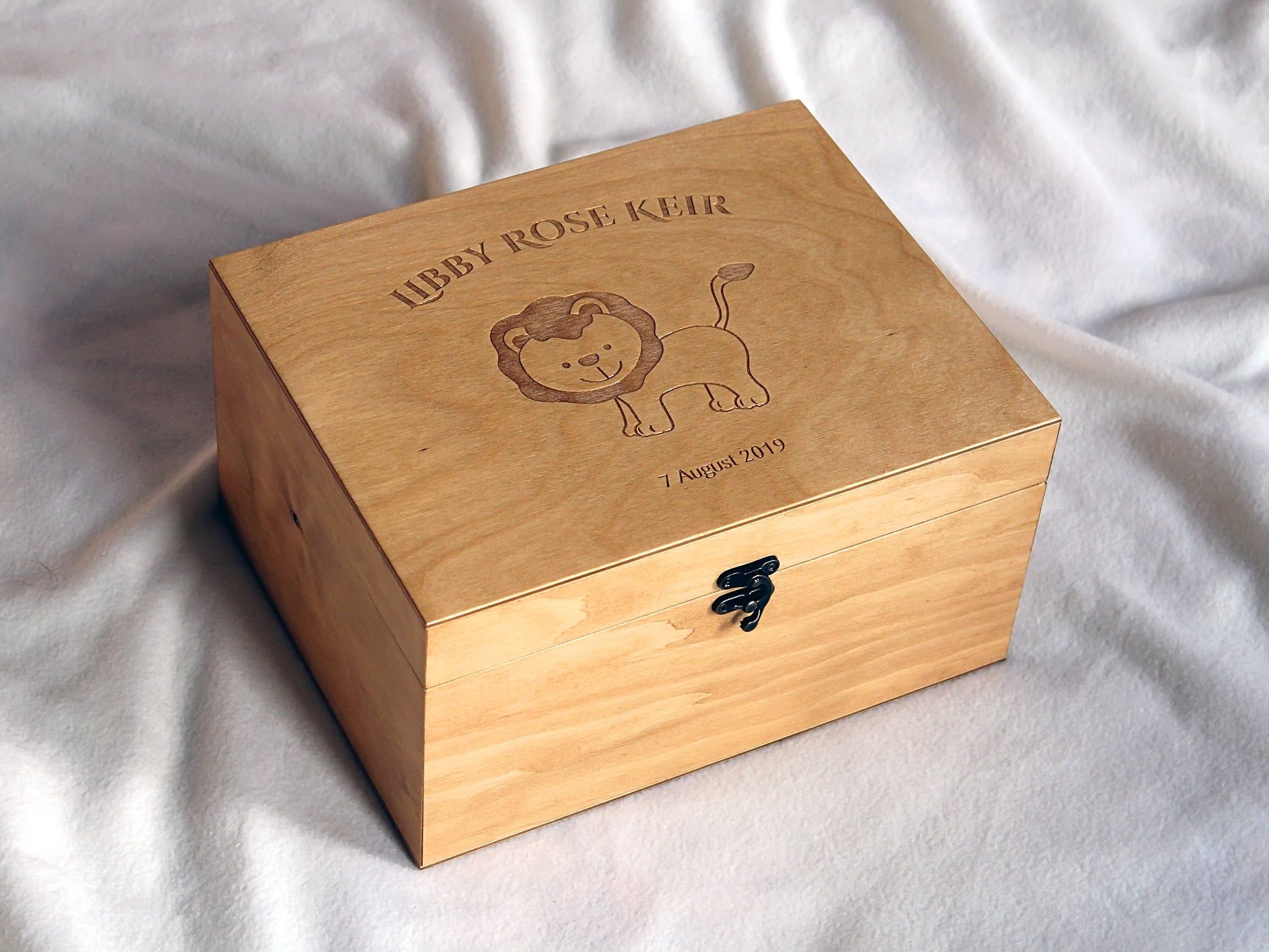 Personalized wooden baby memory box with lion design