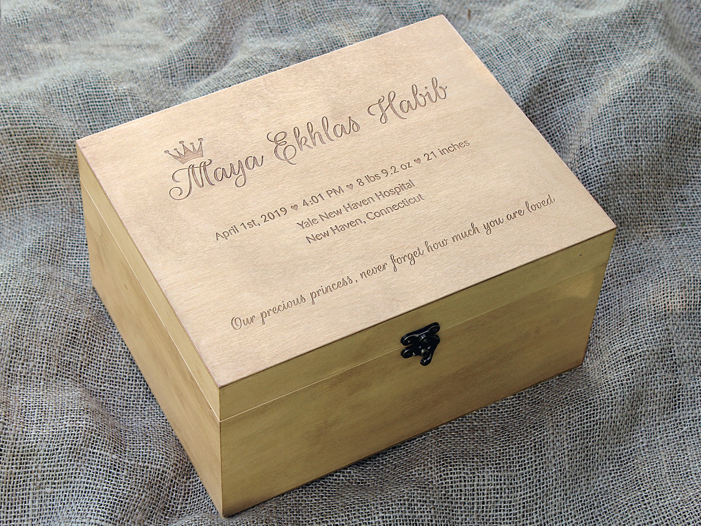 Personalized wooden memory box for a baby girl with custom engraving