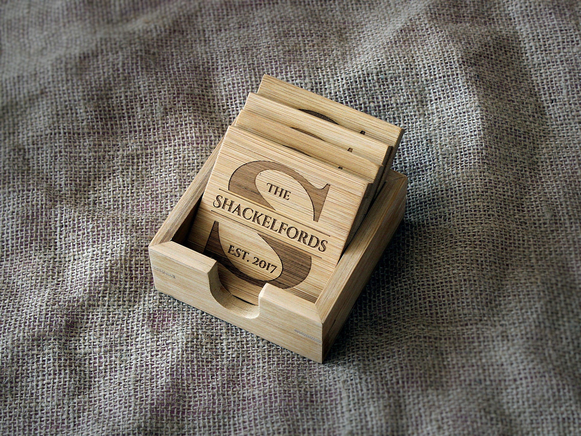 Personalized monogram bamboo coaster set with custom engraved initials and holder