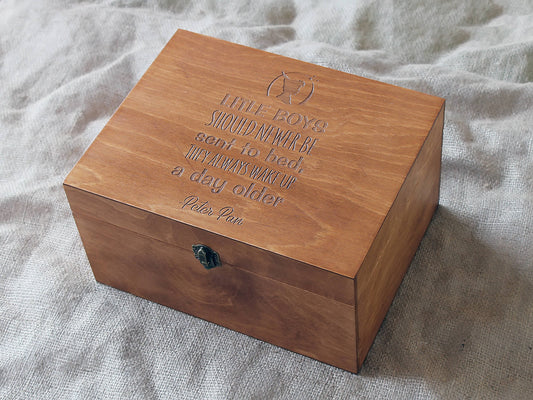 Personalized Peter Pan baby keepsake box with engraved quote