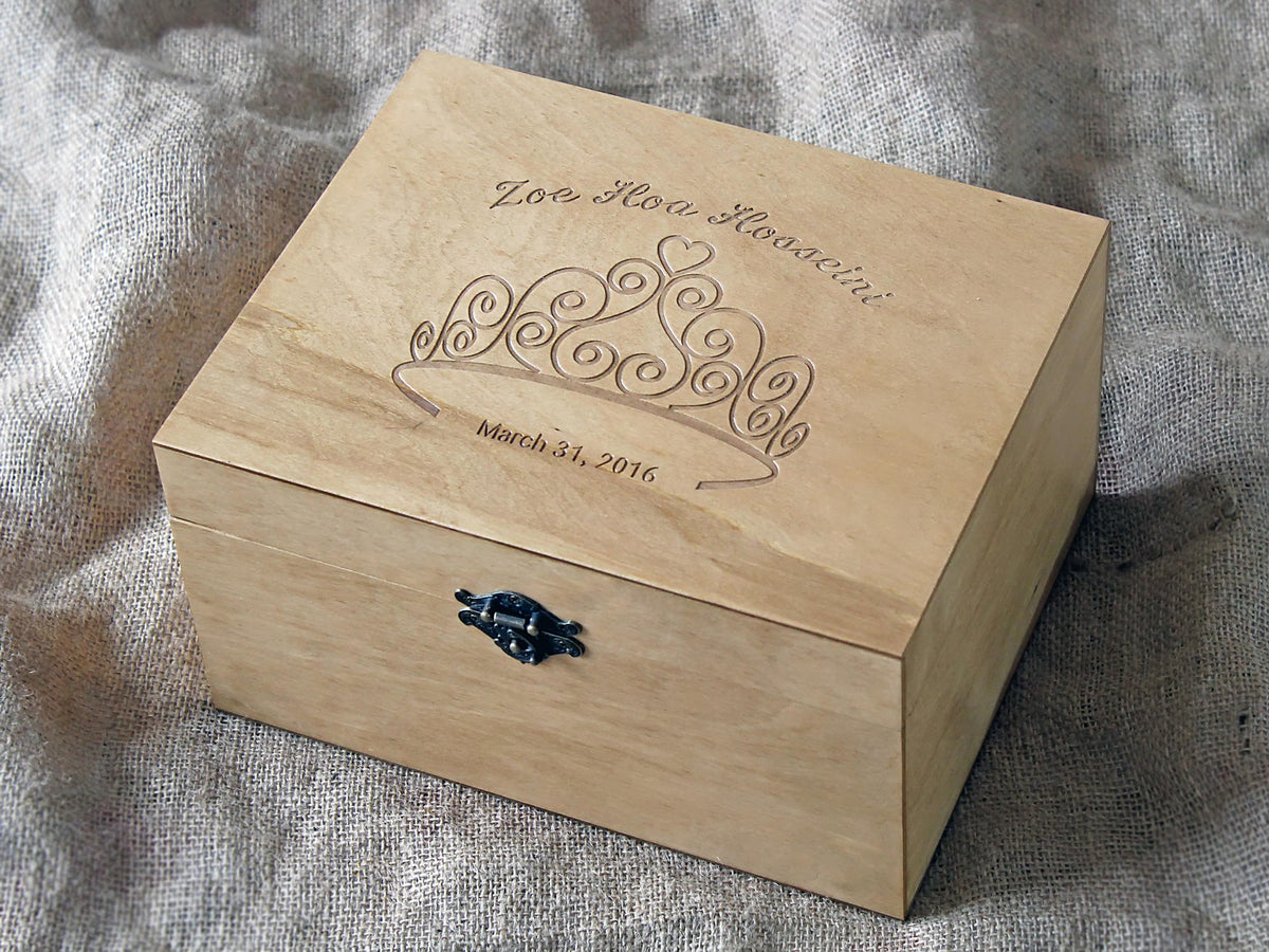 Custom wooden princess keepsake box personalized with a child's name