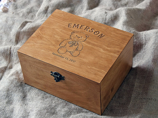Personalized baby memory box with engraved teddy bear design and custom name