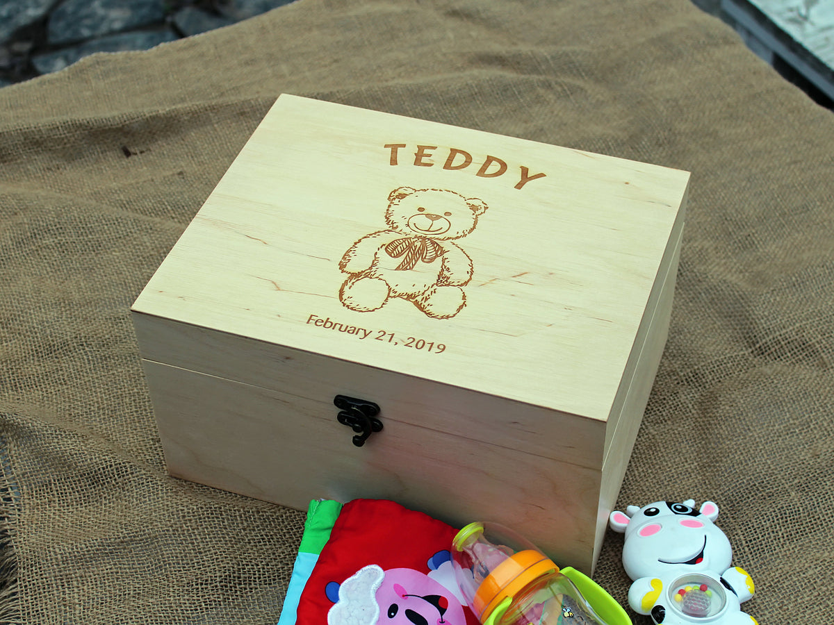 Personalized wooden teddy bear memory box