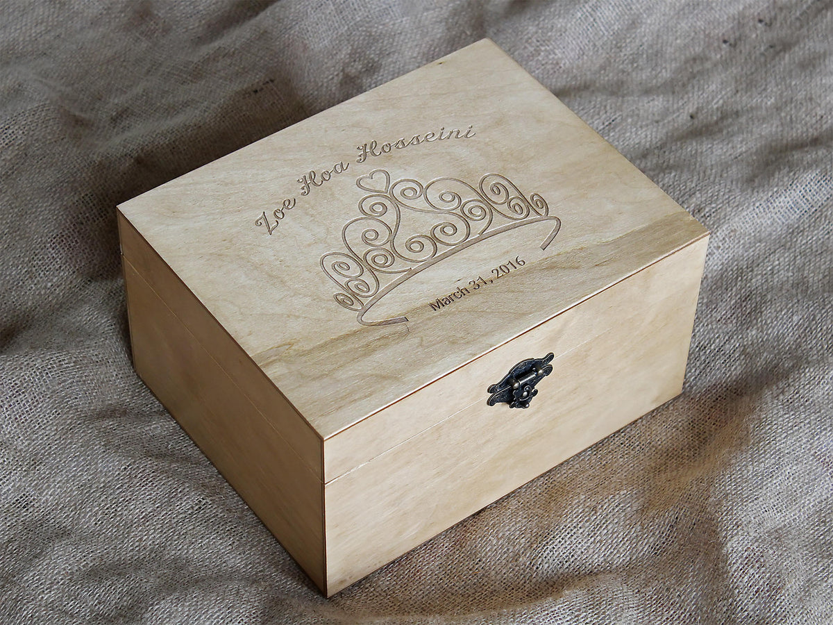 Personalized wooden memory box for a baby girl with princess tiara design