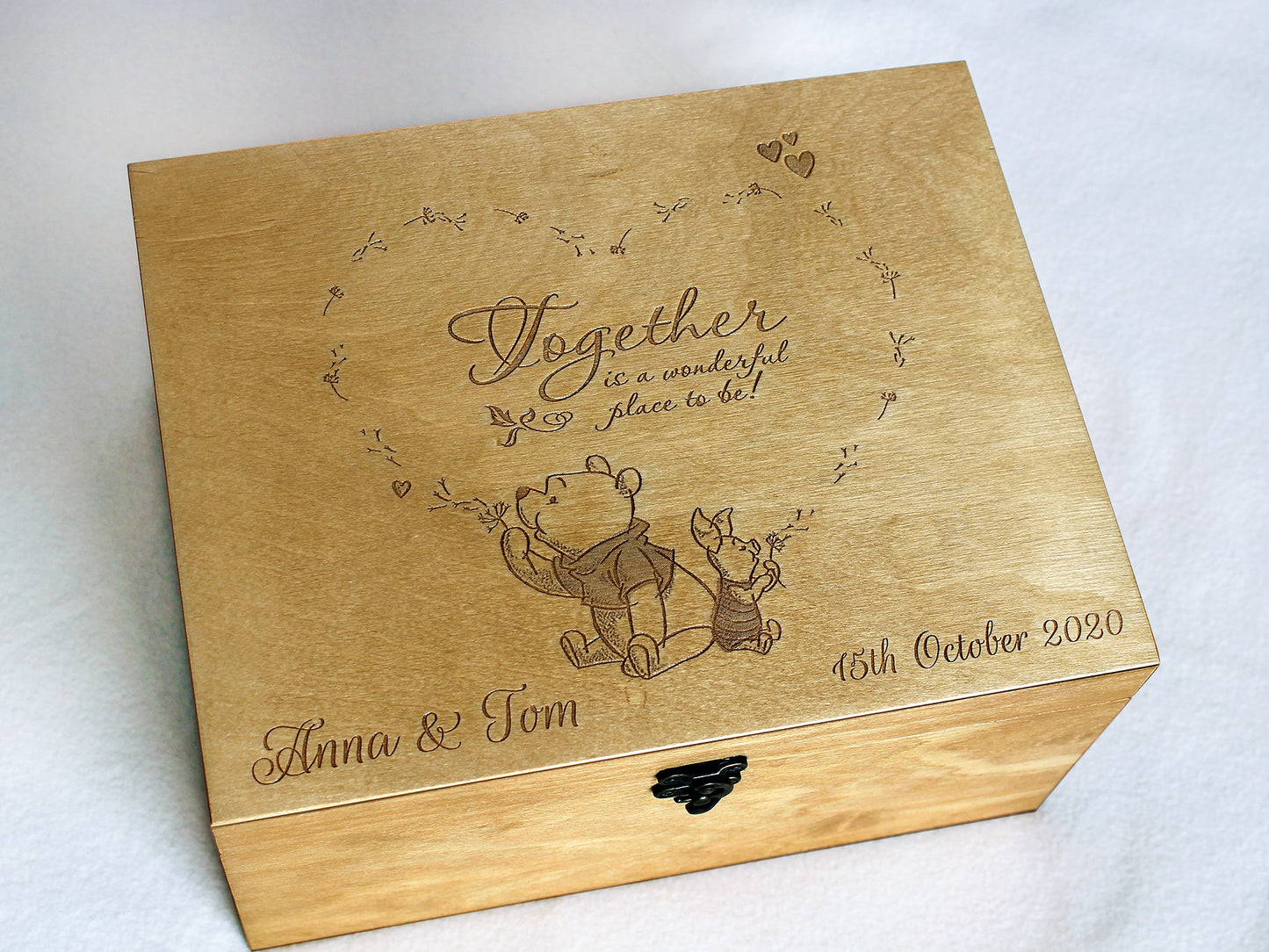 Personalized wedding keepsake box engraved with couple's names and Winnie the Pooh quote - Together is a wonderful place to be