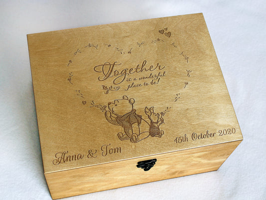 Personalized wedding keepsake box engraved with couple's names and Winnie the Pooh quote - Together is a wonderful place to be