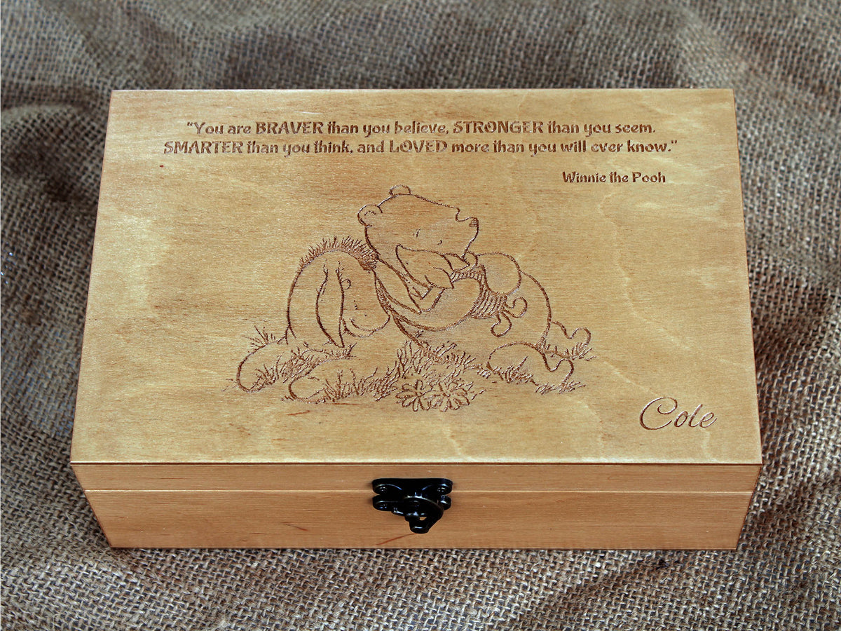Personalized Winnie the Pooh gift box with engraved quote and custom name