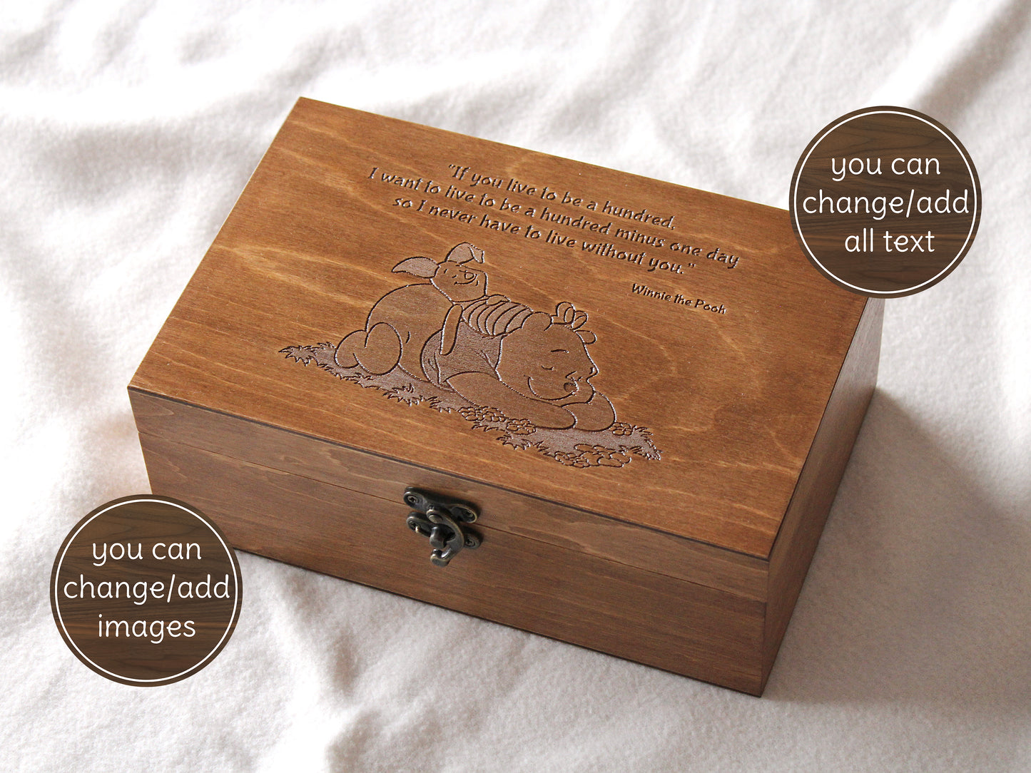 Personalized wooden memory box with Winnie the Pooh quote and custom engraving