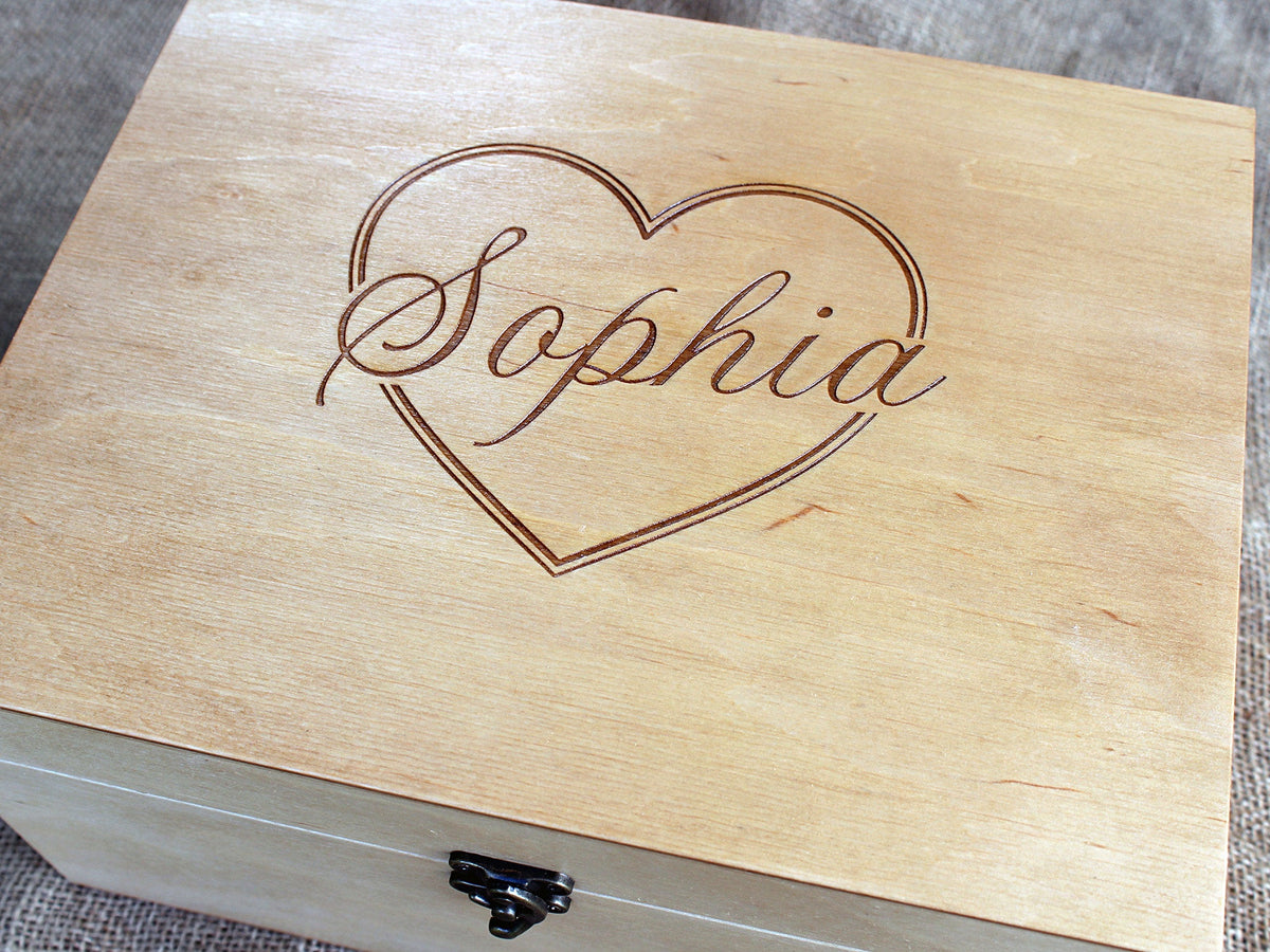 Personalized wooden box with engraved heart design and name