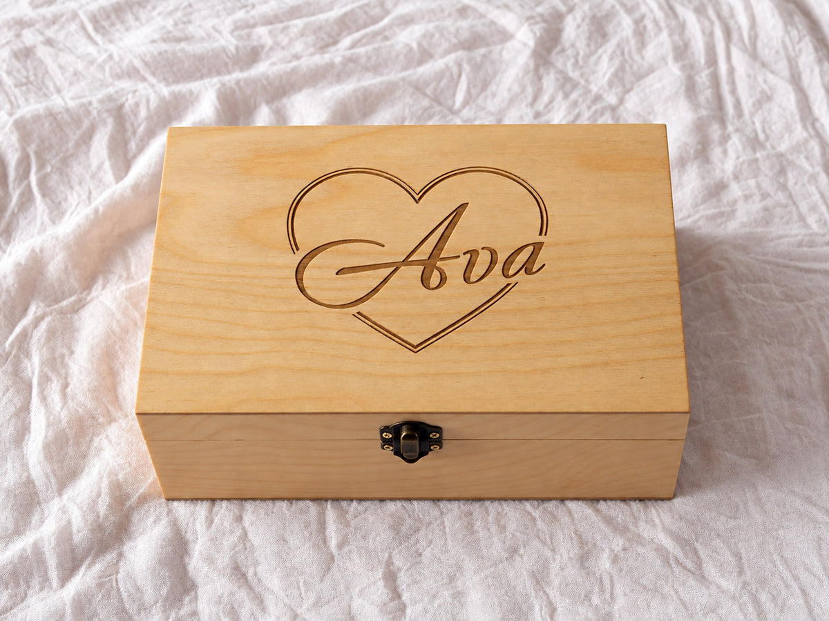 Personalized wooden jewelry keepsake box with heart engraving