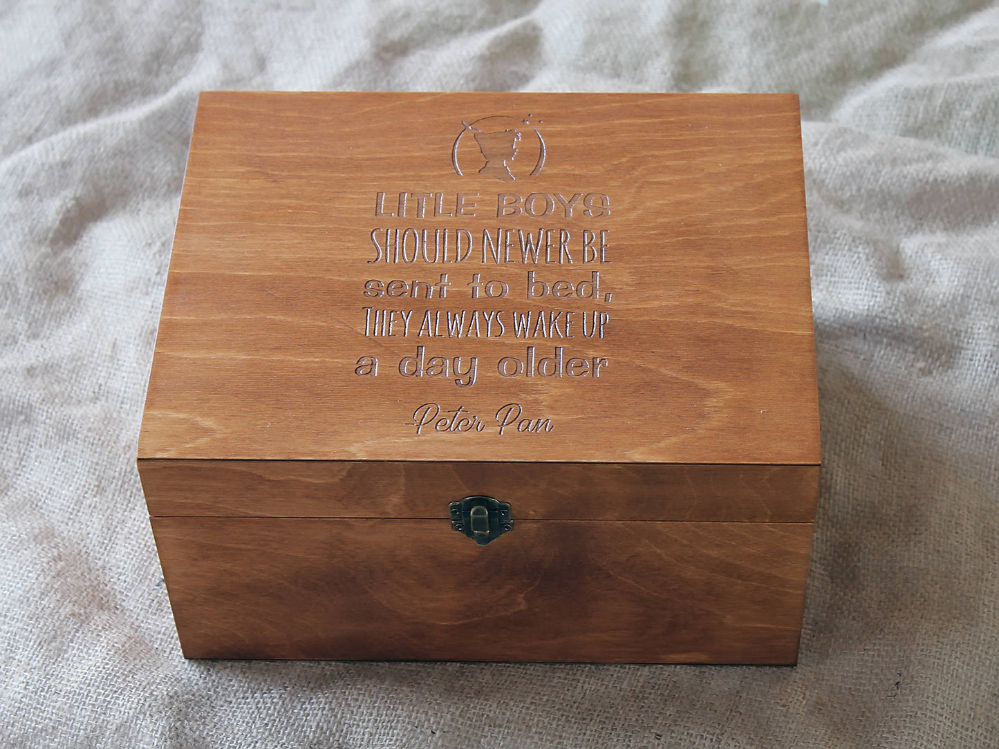 Personalized baby memory box with Peter Pan quote and custom engraving
