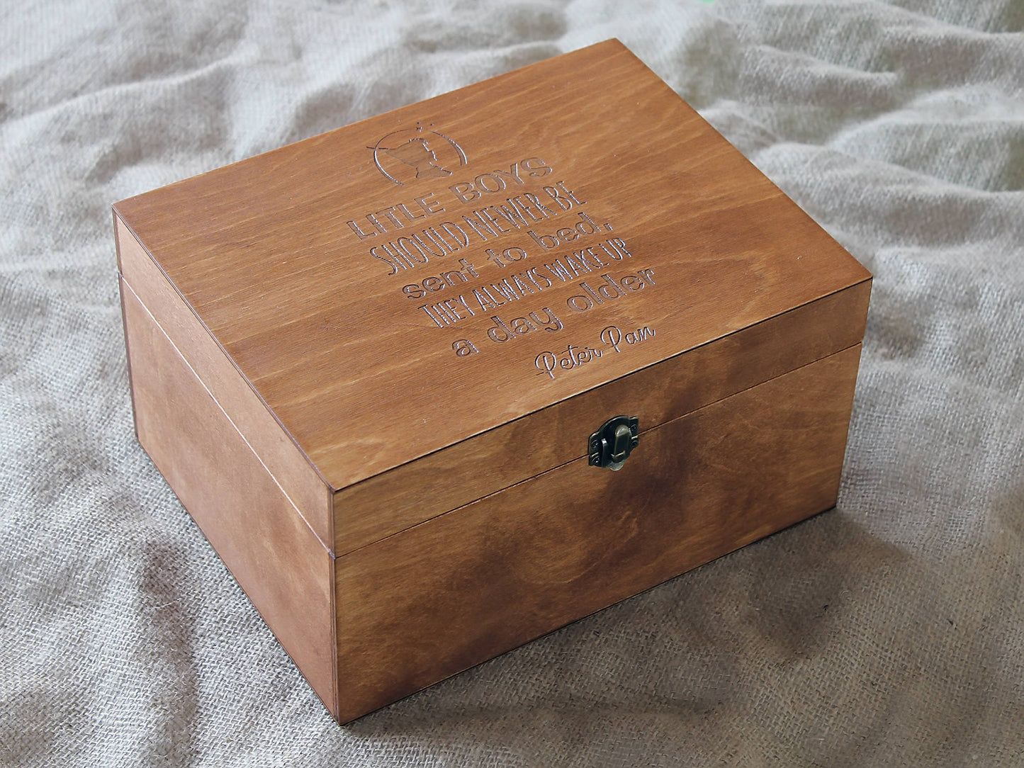 Wooden memory box featuring the Peter Pan quote about little boys growing up