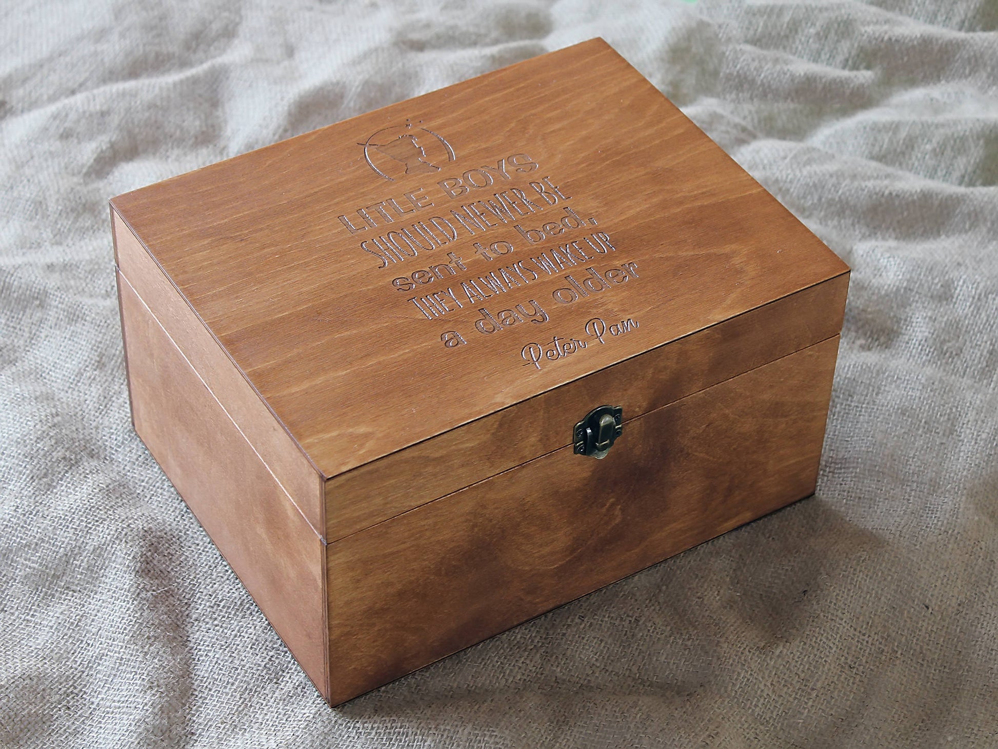 Wooden memory box featuring the Peter Pan quote about little boys growing up