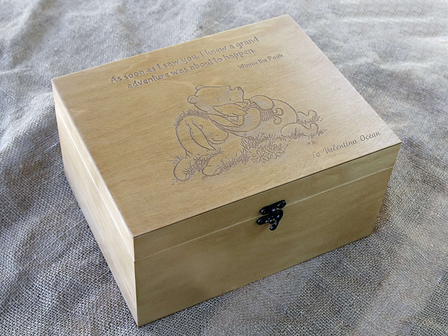 Wooden keepsake box engraved with a favorite Winnie the Pooh quote