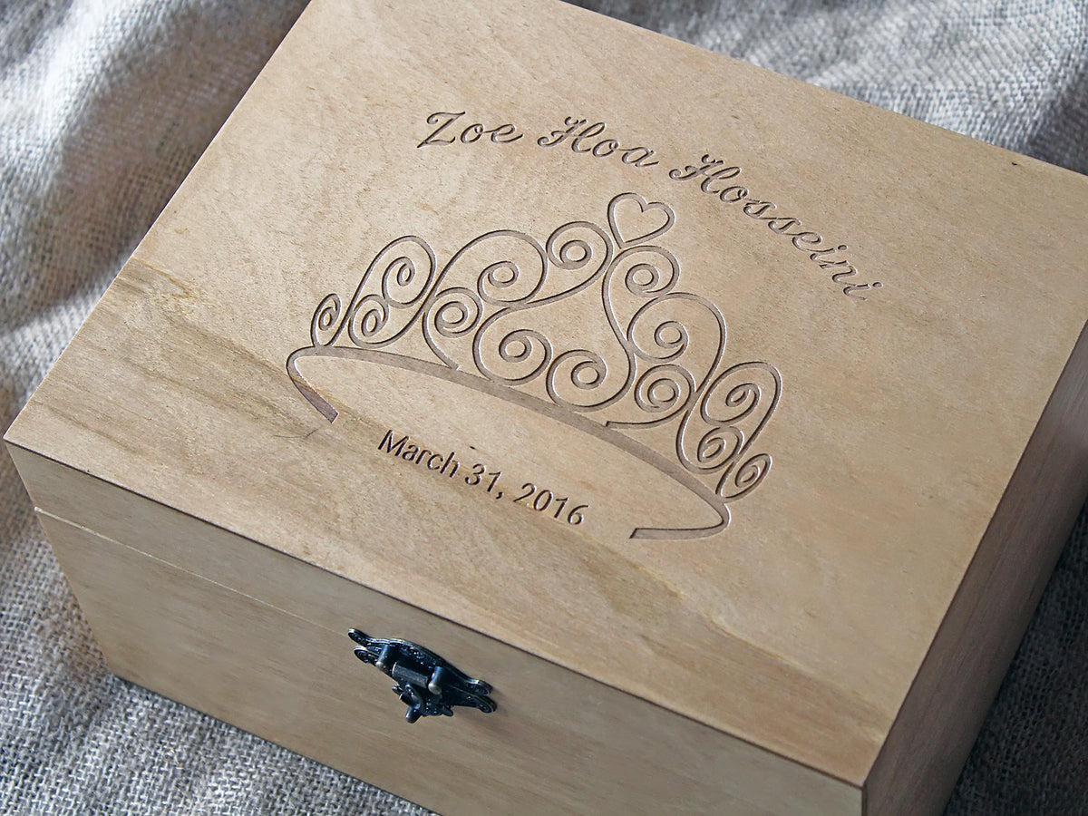 Laser engraved baby keepsake box with princess tiara and personalized details