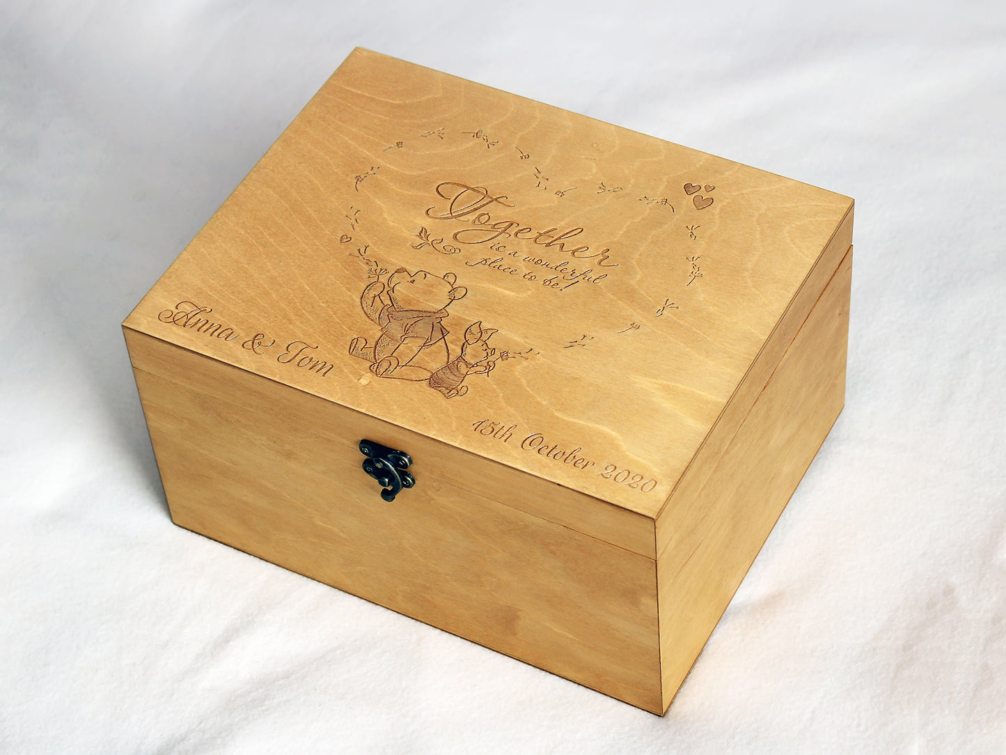 Romantic wooden wedding keepsake box with engraved Winne the Pooh quote - Together is a wonderful place to be