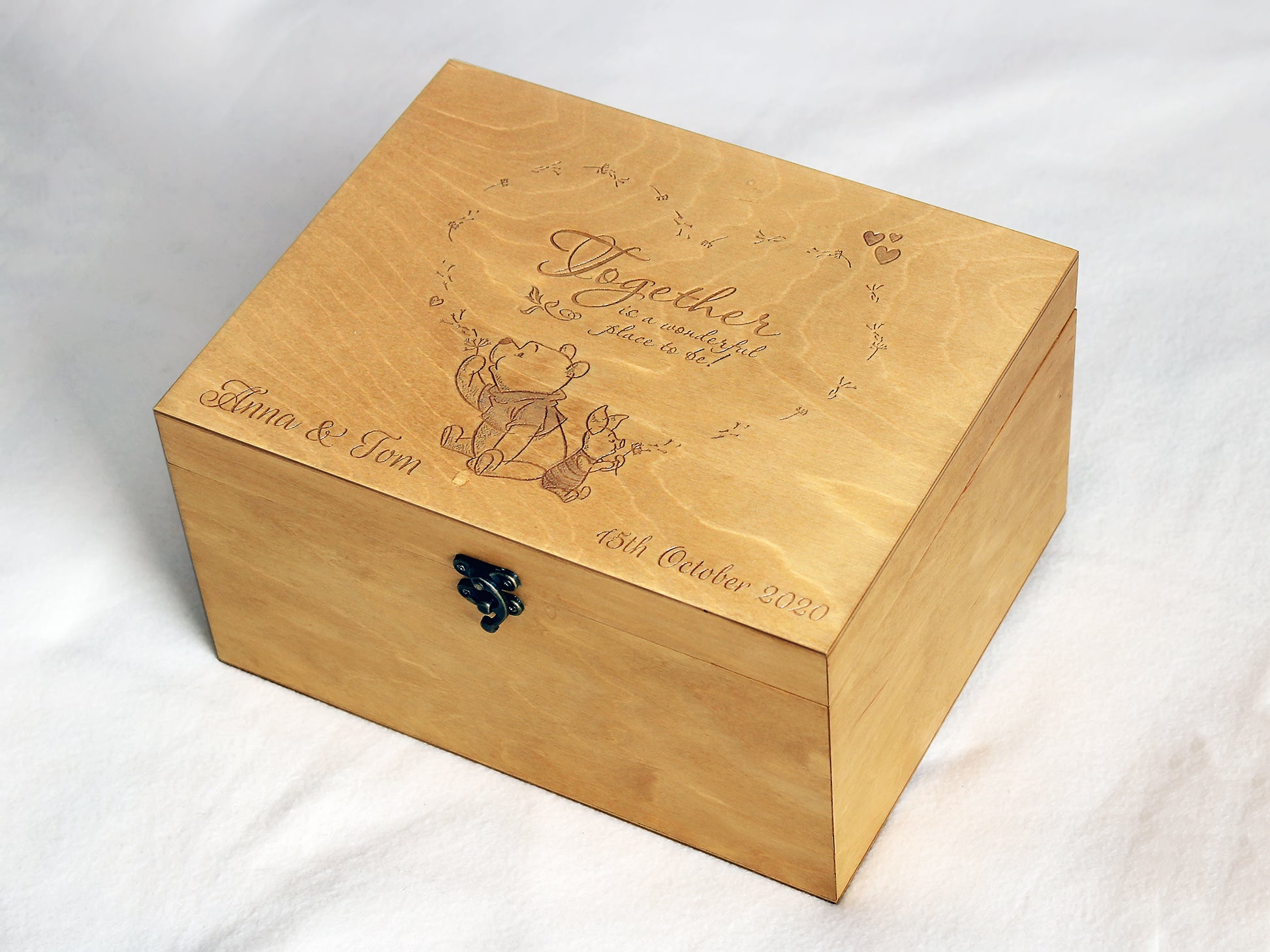 Romantic wooden wedding keepsake box with engraved Winne the Pooh quote - Together is a wonderful place to be