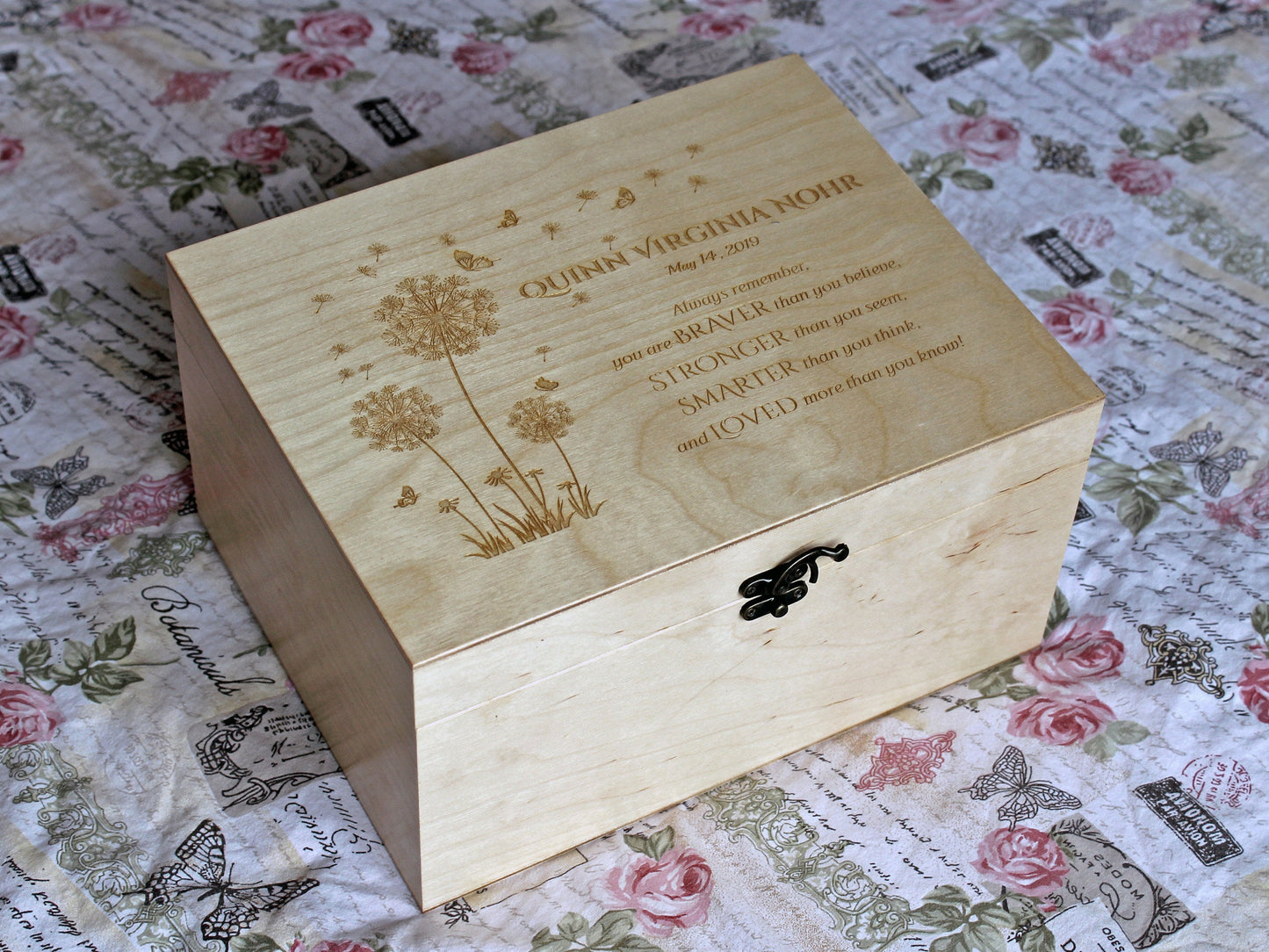 personalized wooden memory box for baby keepsakes, time capsule style storage for photos, cards, and newborn memories
