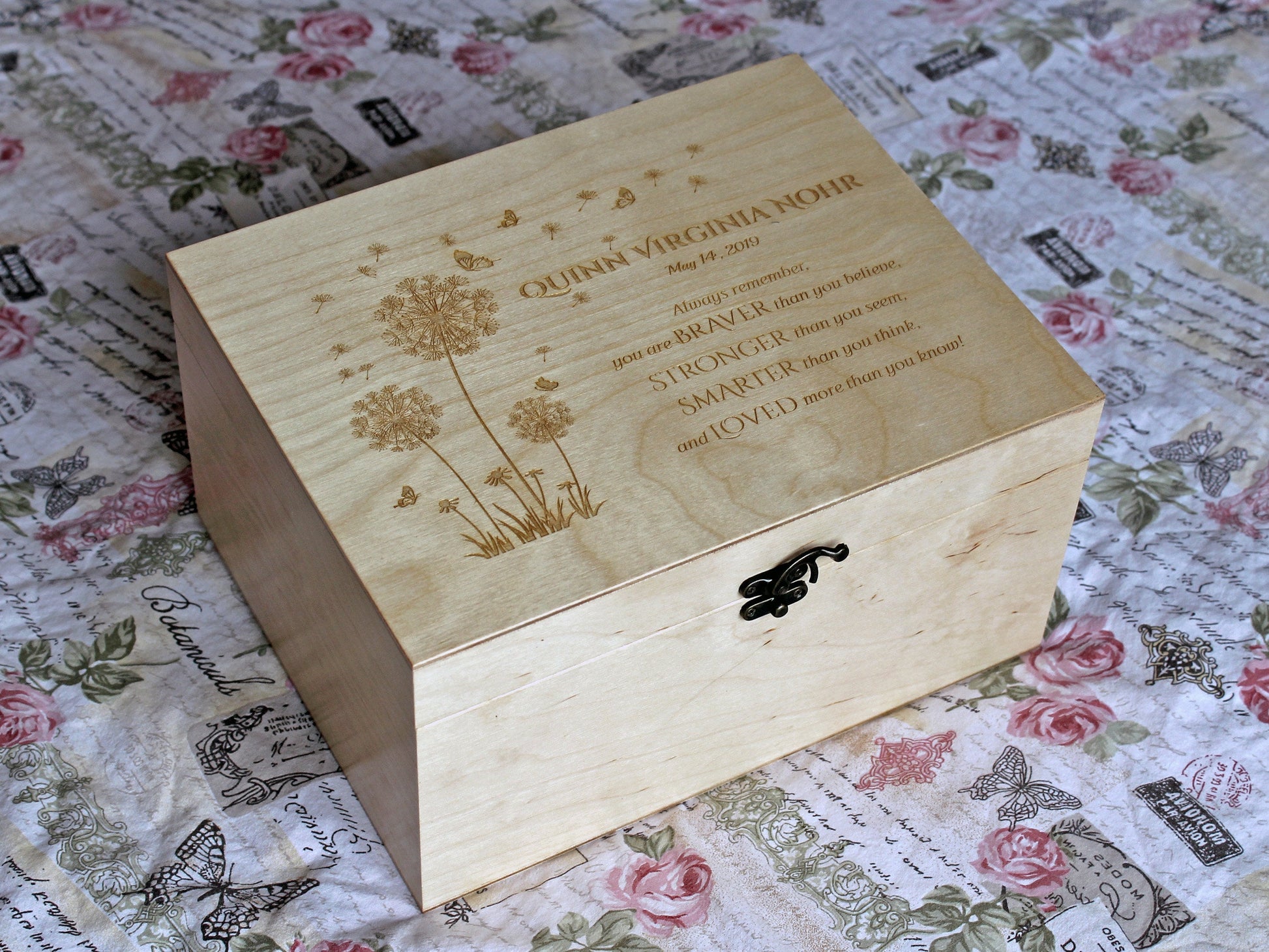 personalized wooden memory box for baby keepsakes, time capsule style storage for photos, cards, and newborn memories