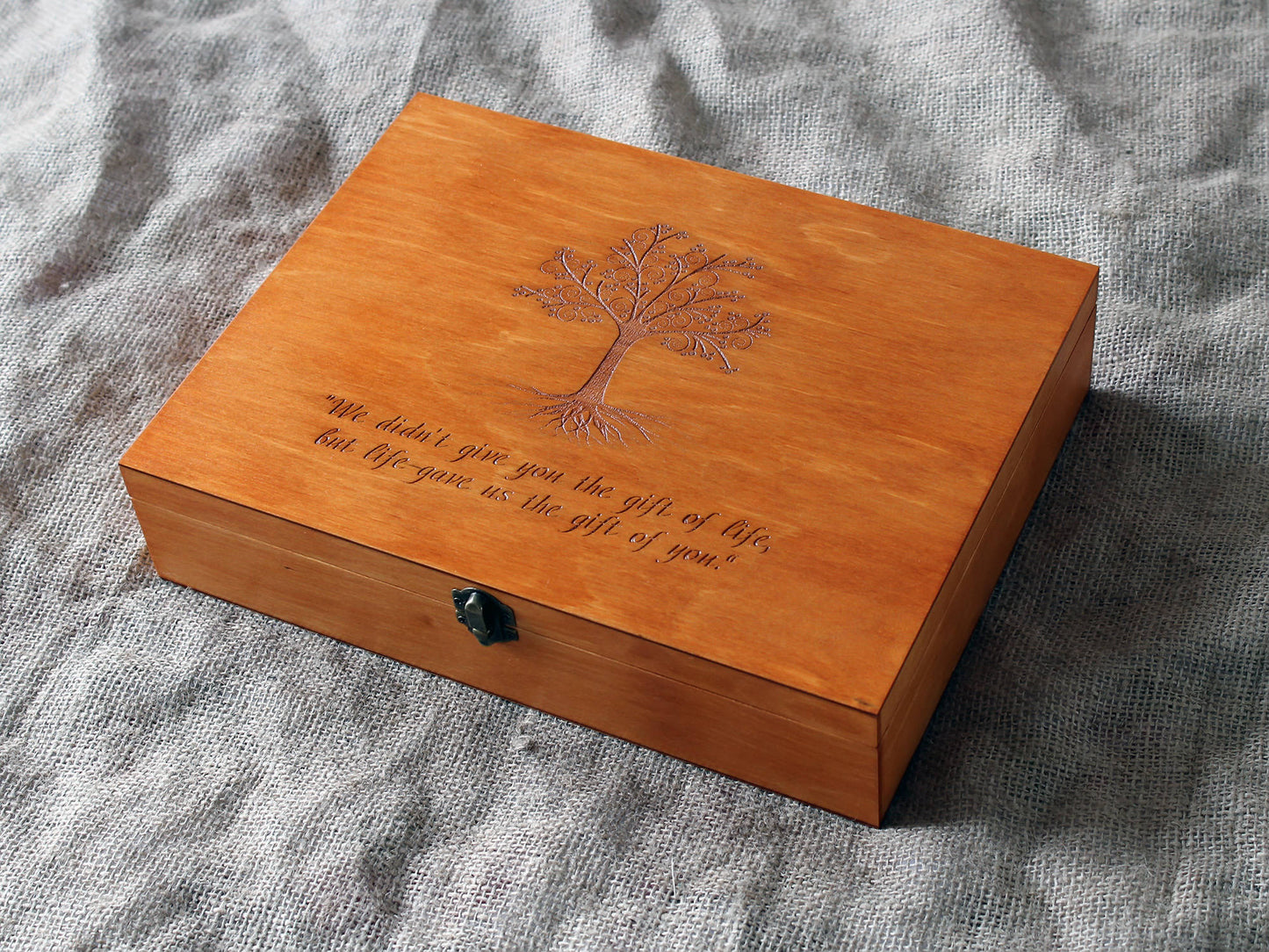 Personalized wooden memory box with Tree of Life and heartfelt engraved verse