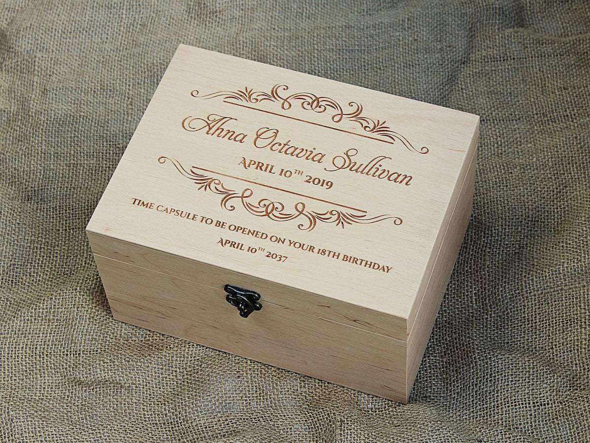 Baby keepsake box with vintage frame engraved design