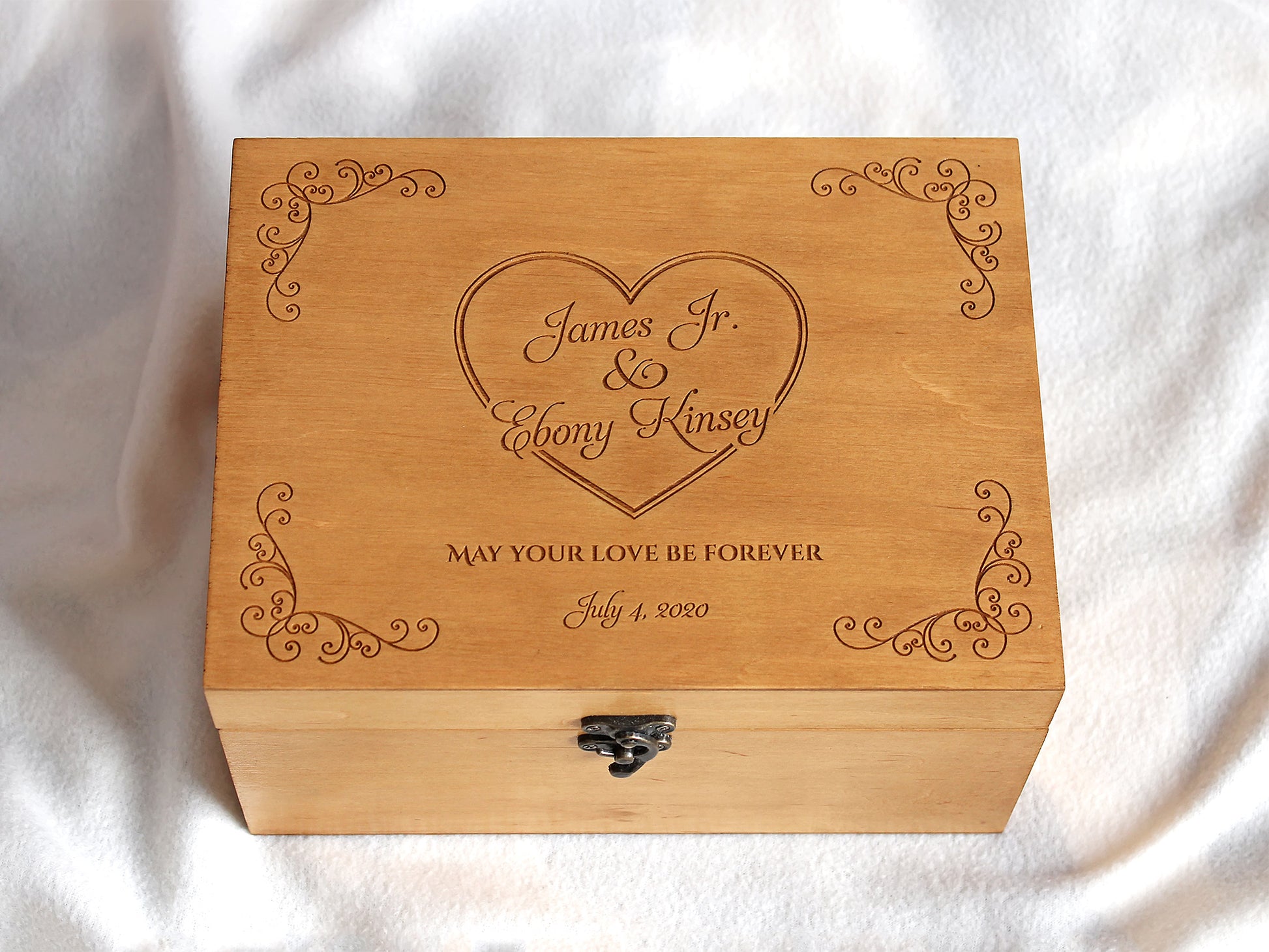 Personalized wedding keepsake box engraved with couple's names