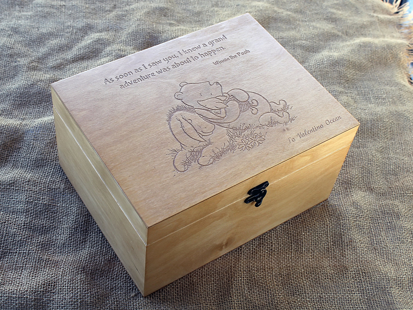 Wooden memory box featuring a Winnie the Pooh quote and engraved design