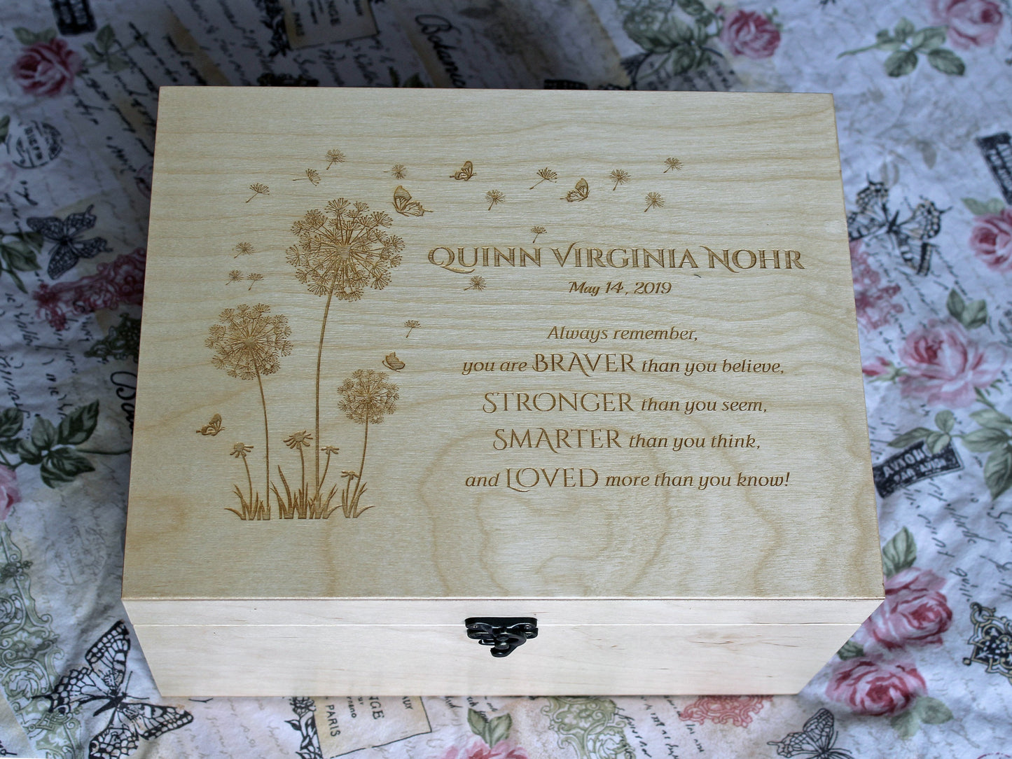 Close-up of custom Winnie the Pooh baby keepsake box showing engraved quote and detailed laser engraving on wood