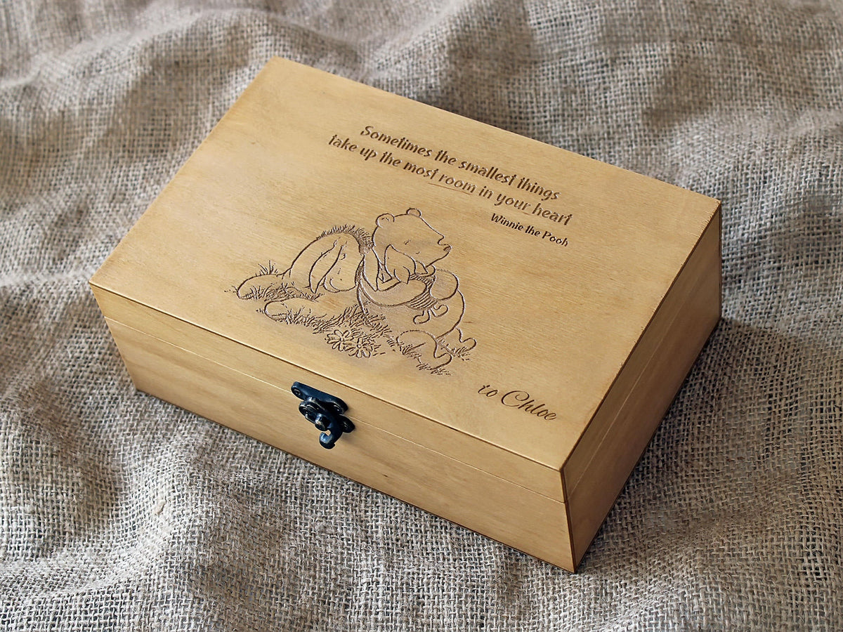 Winnie the Pooh jewellery box featuring engraved Winnie Eeyore and Piglet artwork