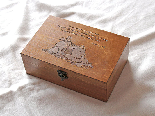 Winnie the Pooh quote engraved on a personalized wooden keepsake box