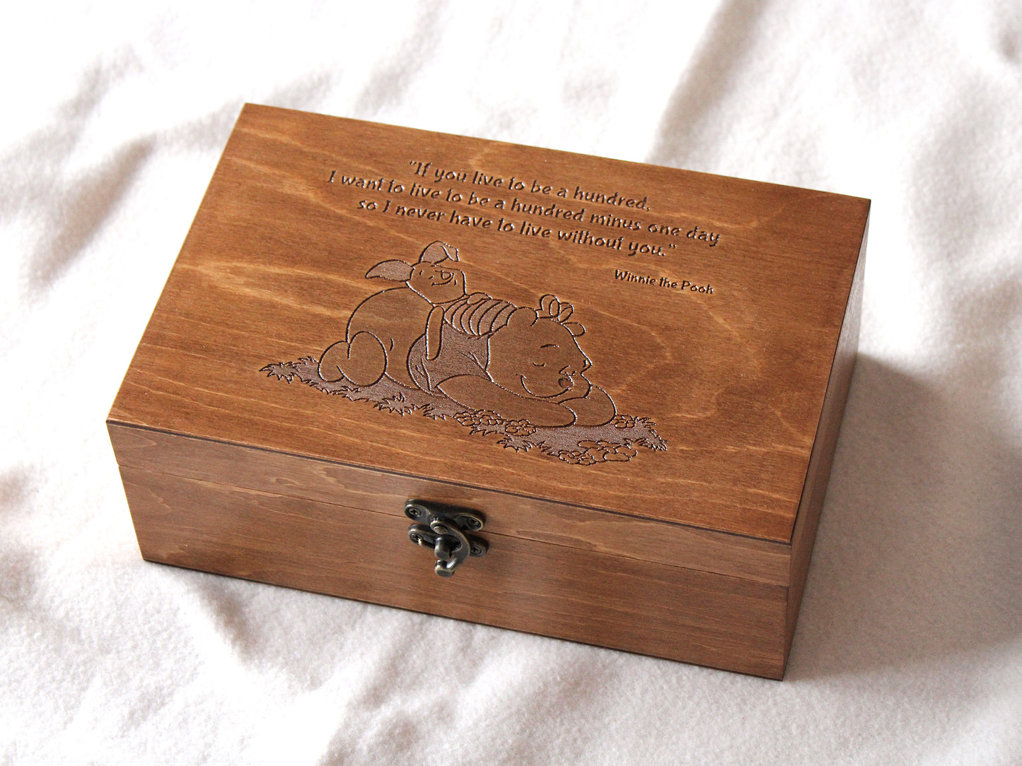 Wooden keepsake box featuring an engraved Winnie the Pooh quote