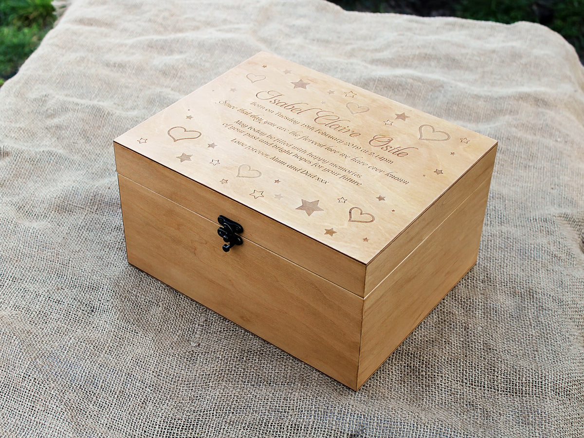 Wooden baby memory box with heart and stars design