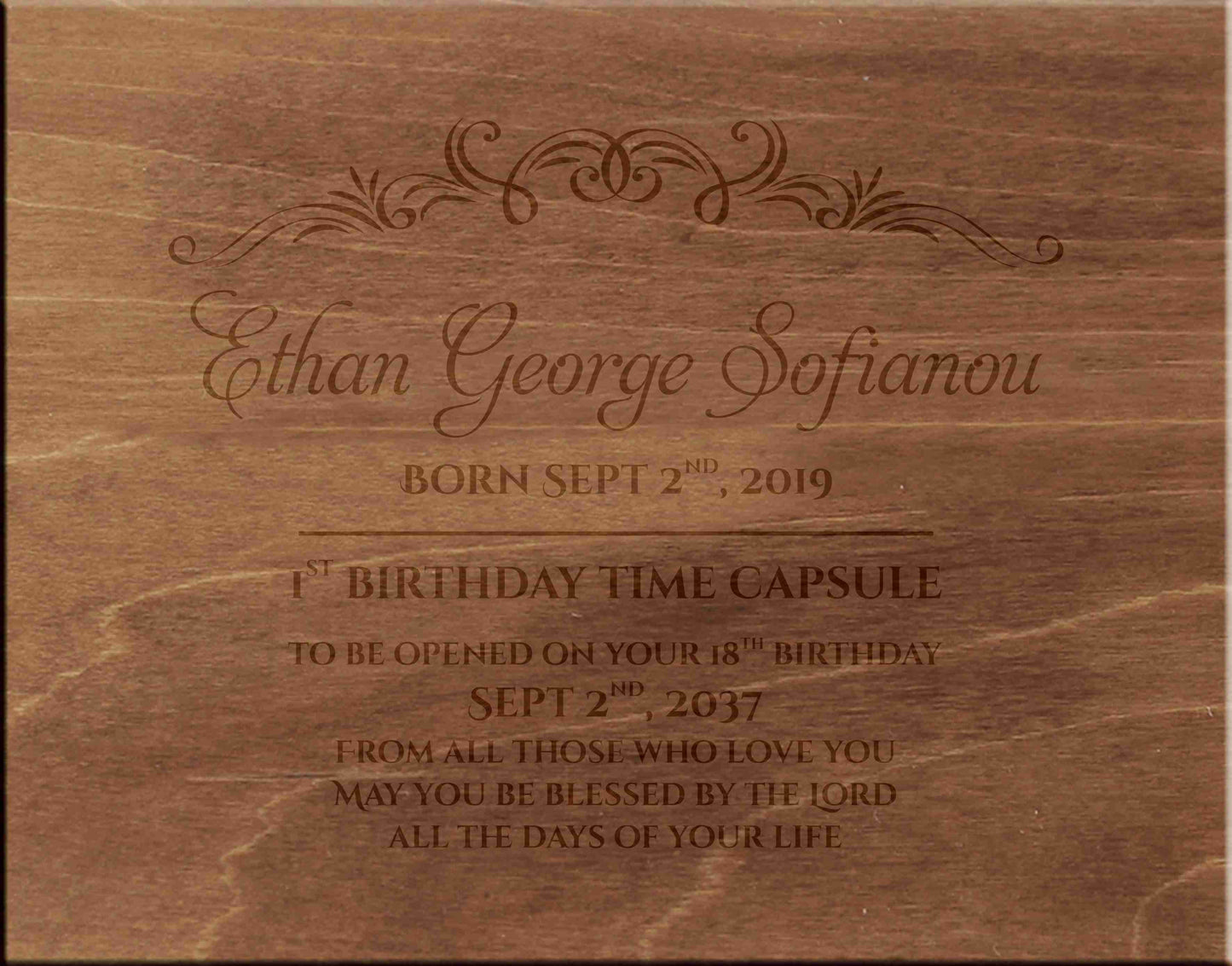 Wooden baby time capsule box for preserving special childhood memories