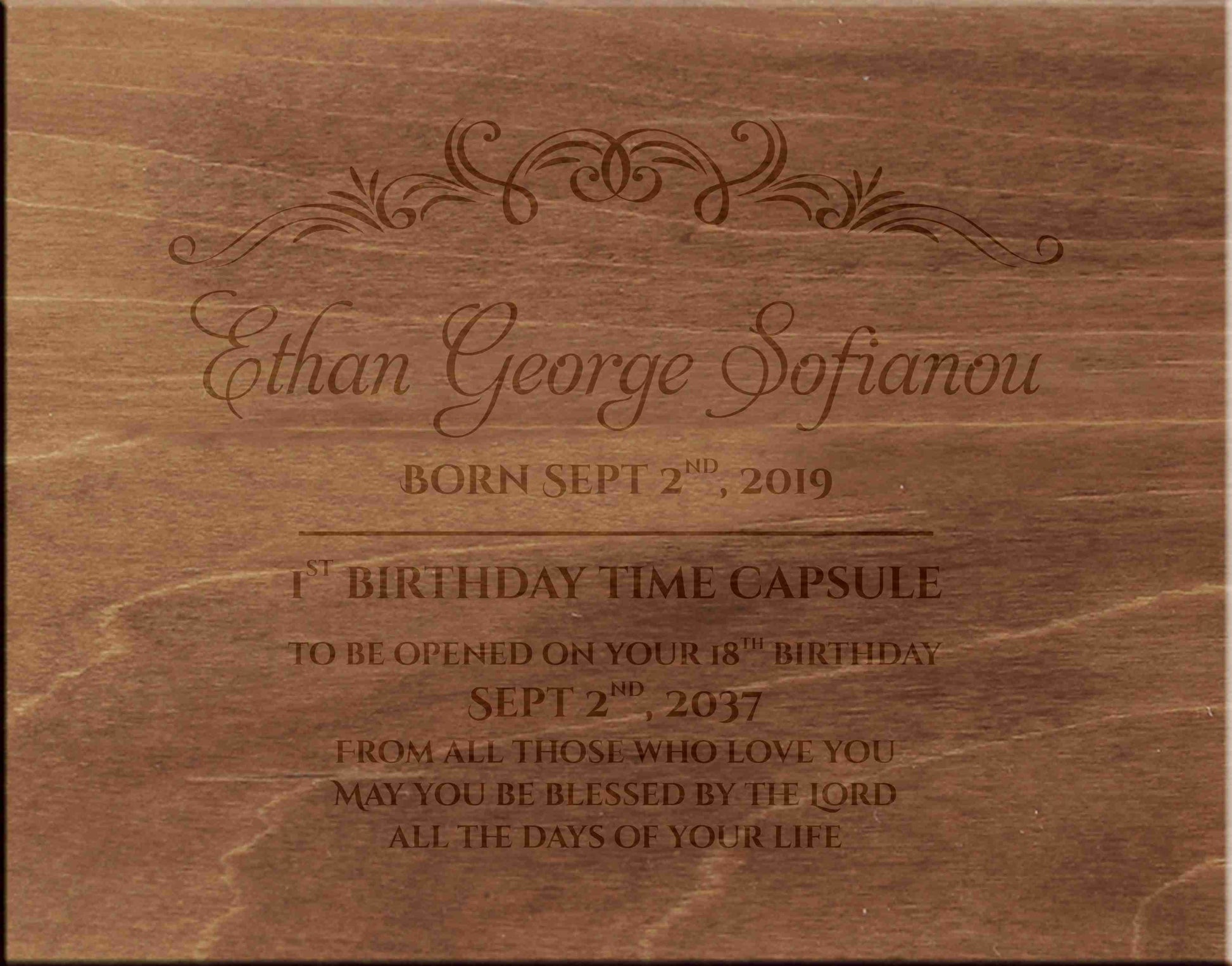 Wooden baby time capsule box for preserving special childhood memories